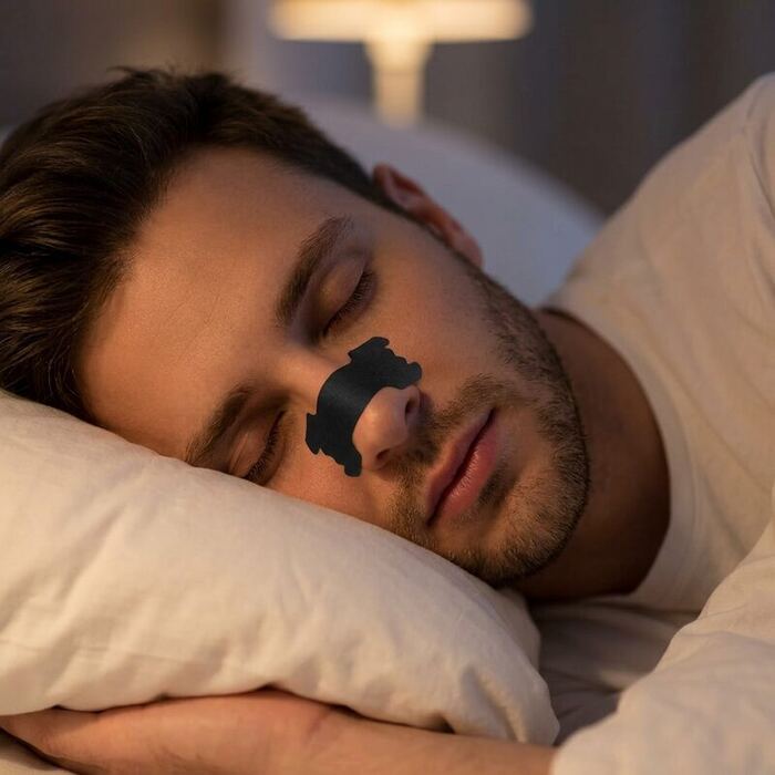 Man sleeping with black nasal strip