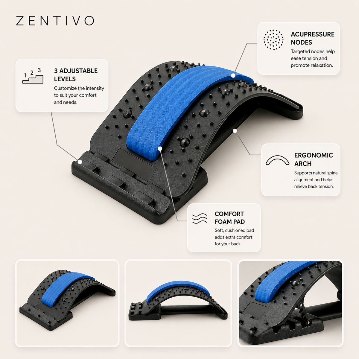 Zentivo SpineRelief Back Stretcher — Adjustable Decompression Support