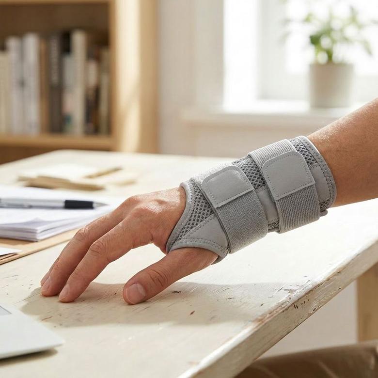 Gray wrist brace lifestyle photo worn on hand