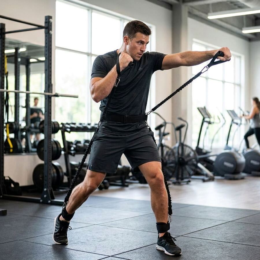 Athlete training with Boxing Resistance Bands foam handles in gym